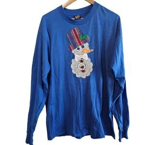 Vintage 80s Snowman Shirt Womens Size XL Blue Handmade Crochet Doily Christmas